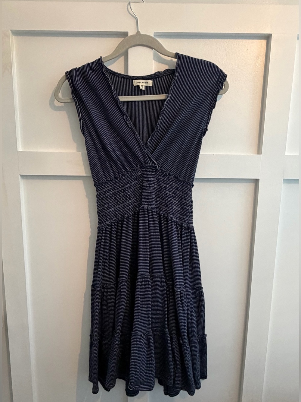Max Studio Navy Ribbed V-Neck Tiered Midi Dress